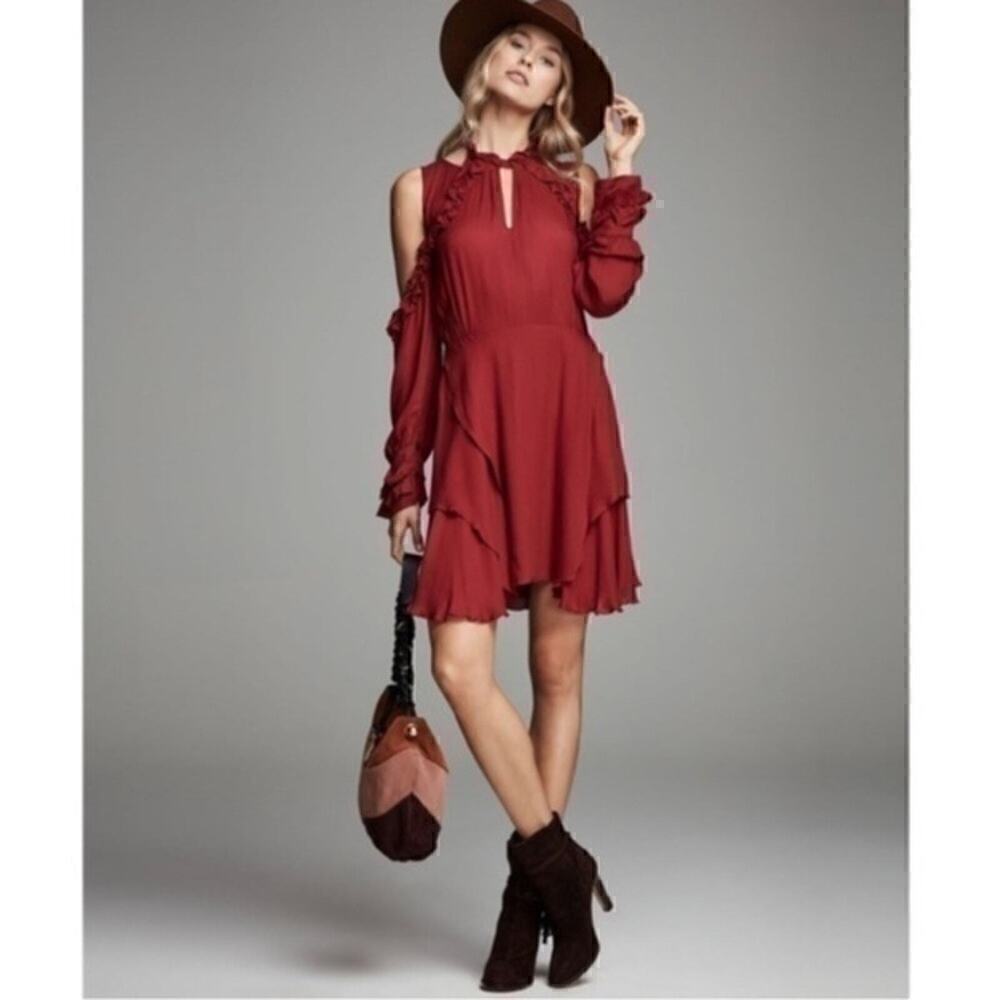 IRO Dress Hanie Red Wine Burgundy Cold Shoulder Ruffle Festival Event NWT $400‎